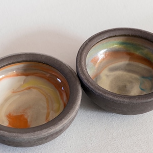 Set of Two Bowls, Ceramic Handmade, Food Safe, Cereal Colorful Stoneware Bowls, Wheel Thrown, Swirl Slip Colored, Transparent Glaze.