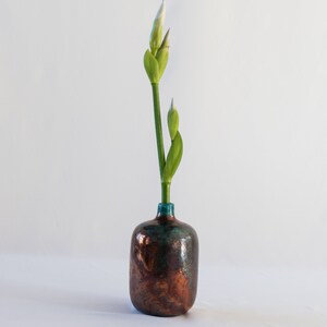 Single Flower Vase, Handmade Ceramic, Raku Fired, Bronze Black, Turquoise Blue, Smoked Crackled, Fine Art Home Decor, One of a kind. image 10