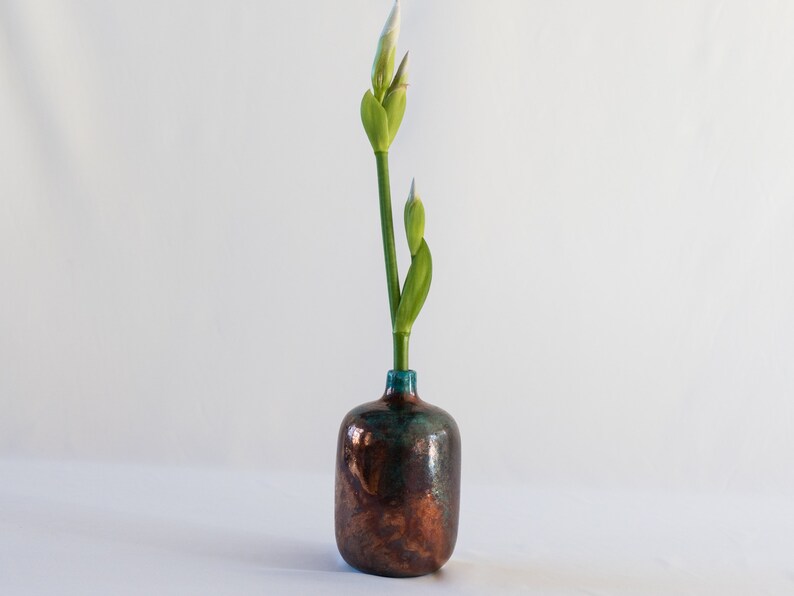 Single Flower Vase, Handmade Ceramic, Raku Fired, Bronze Black, Turquoise Blue, Smoked Crackled, Fine Art Home Decor, One of a kind. image 10