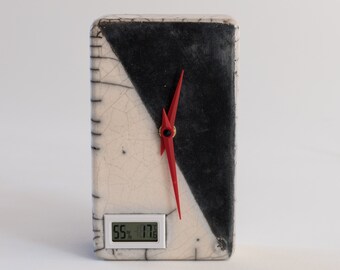 Statement Clock, Ceramic Handmade, Antique White Crackled, Black Smoked, Raku Desk Clock, One Of A Kind, Elegant Gift, Fine Art Home Decor.