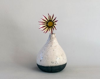 Handmade Ceramic, Flower Vase, Drop Shape Vessel, Raku Fired, White Black Smoked, Fine Art Home Decor, Elegant Art Gift, One of a kind (W)