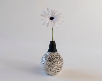 Single Flower Vase, Handmade Ceramic, Raku Fired, Antique White Crackled, Black Smoked, Fine Art Vase, One of a kind, Elegant Art Gift.