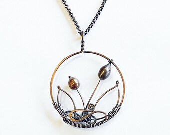 Handcrafted pendant: copper wire wrapped, patinated / oxidized, with pearls. Copper chain necklace. One-of-a-kind, handmade. Gift idea