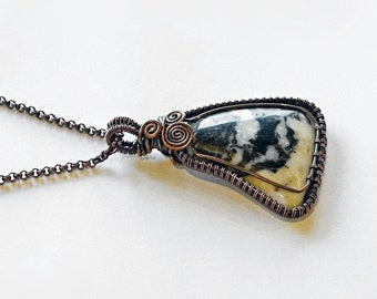 Handcrafted pendant: copper wire wrapped, Zebra Jasper cabochon. Patinated, with necklace. One-of-a-kind, handmade. Gift idea.