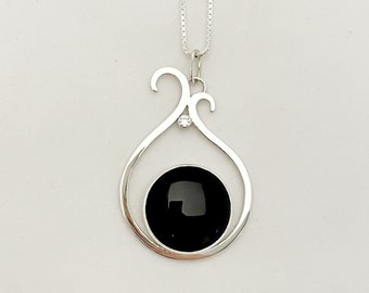 Handcrafted solid silver pendant, black Onyx gemstone cabochon, cubic zirconia, one-of-a-kind, handmade. Box chain necklace, sterling silver