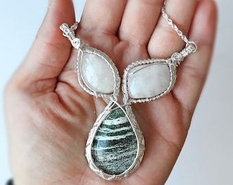 Handcrafted necklace, BIB style, pendant: 925 silver wire wrapped, with Serpentine & Moonstone gemstones. One-of-a-kind, handmade. Gift idea