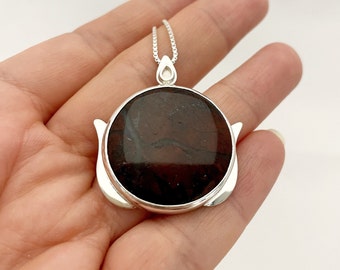 Handcrafted solid silver pendant with Brecciated Jasper gemstone cabochon, one-of-a-kind, handmade. Box chain necklace, sterling silver.