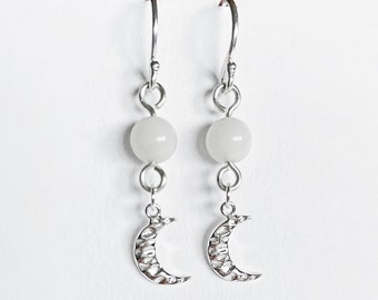 Handmade .925 silver earrings, Moonstone gemstones, .925 silver moon charm & handcrafted ear hooks / wires. Simple, delicate. Gift idea.