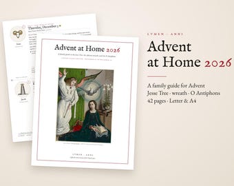 May include: A 42-page Advent at Home 2026 family guide booklet featuring a cover with a religious painting of an angel and a seated figure. The text includes Advent at Home 2026, A family guide for Advent, Jesse Tree, wreath, O Antiphons, and 42 pages, Letter & A4.