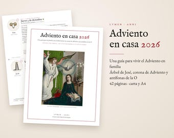 May include: A printed guide titled Adviento en casa 2026 featuring a religious painting of an angel and a woman. The document includes text about Advent, a Jesse tree, and an Advent wreath, with a secondary page showing a ram icon and text.