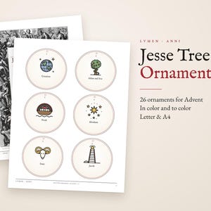 Jesse Tree Ornaments Printable, 26 Advent Ornaments in Color and to Color, Jesse Tree Symbols and Bible Reading List for Catholic Families