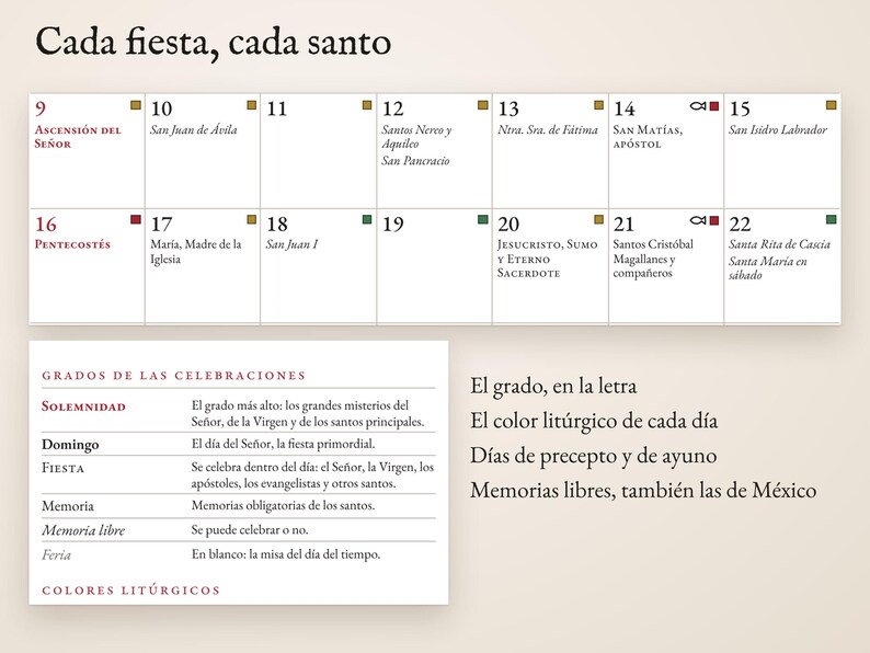 las casillas de los días y la leyenda de los grados