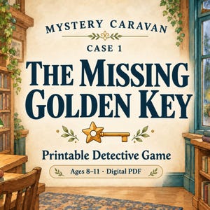 May include: A digital printable detective game titled Mystery Caravan Case 1 The Missing Golden Key. The graphic features dark blue text on a cream background with a central golden star-shaped key illustration and green leaf accents.