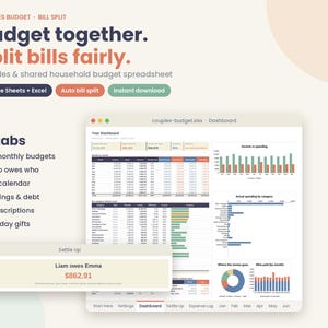 Może przedstawiać: Cyfrowy arkusz kalkulacyjny budżetu dla par z tekstem Budget together. Split bills fairly. Interfejs wyświetla pulpit nawigacyjny z wykresami finansowymi, tabelami oraz okno Settle Up pokazujące Liam owes Emma $862.91.