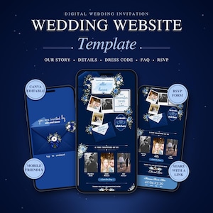 May include: A digital wedding website template displayed on three smartphones against a dark blue background. The design features navy blue envelopes, floral accents, photo collages, and text including "Ella and Lucas" and "1st December 2026". Labels include "Canva Editable", "Mobile Friendly", "RSVP Form", and "Share with a Link".