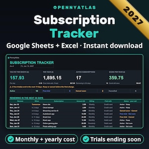 Subscription Tracker Spreadsheet, Recurring Payments and Free Trials, Google Sheets & Excel
