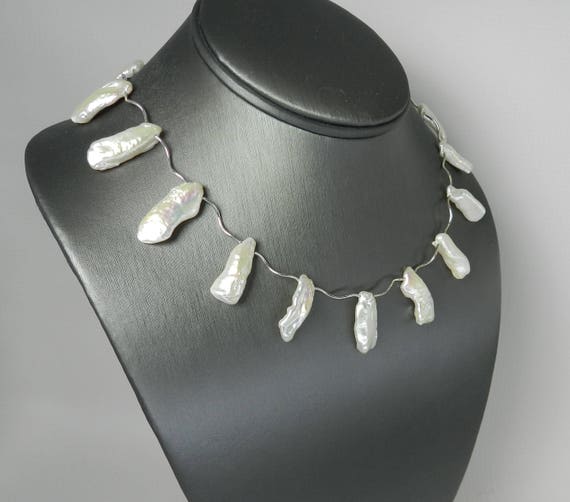 Grey// White Shades Five Strand Faux Biwa Pearl Necklace