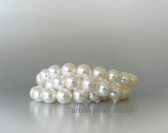 Bridal Pearl Cuff Bracelet Swarovski Soft White Multi Strand Wedding Pearls