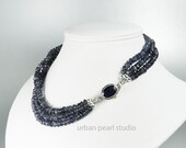 Sapphire Necklace, Blue Natural Iolite Necklace, Water Sapphire, Multi Strand Statement Necklace Earrings Set, Sapphire Box Clasp