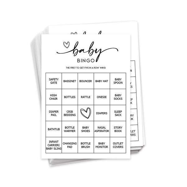 PRINTED + SHIPPED: Baby Bingo Game (50 Unique Cards) Pre-Filled Fun Baby Shower Game Activity Preforated Calling Cards Gifts Minimalist B8