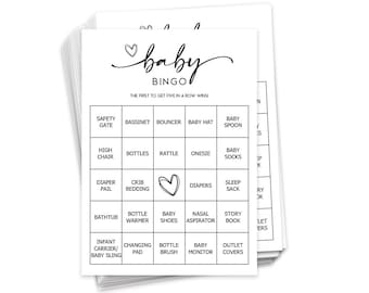 PRINTED + SHIPPED: Baby Bingo Game (50 Unique Cards) Pre-Filled Fun Baby Shower Game Activity Preforated Calling Cards Gifts Minimalist B8