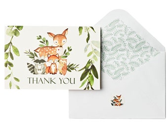 50 Pack Woodland Greenery Thank You Cards with Envelopes & Stickers, Baby Shower, Birthday any Occasion Animal Fox Raccoon Deer Owl Boy Girl
