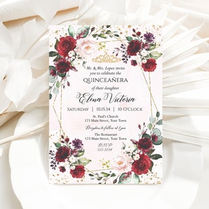 DIY Editable Quinceanera Invitation, Red Burgundy Flowers, Butterfly, Mis Quince Anos, 15th Birthday,