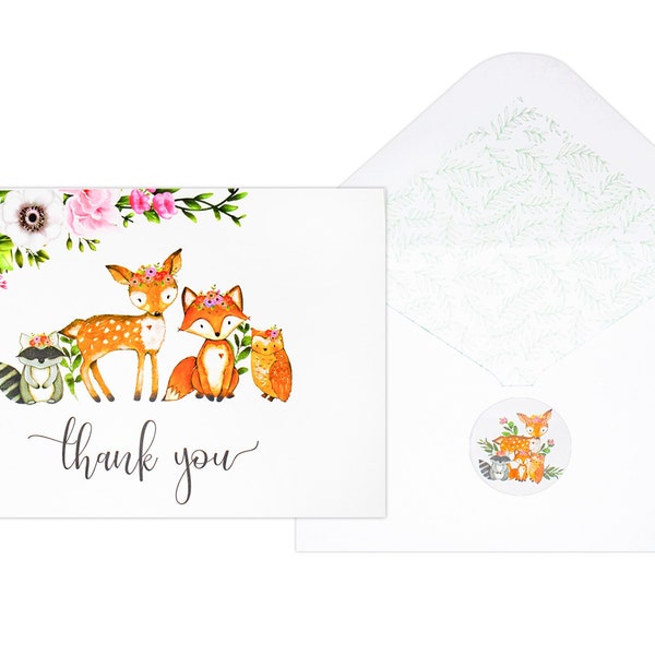 50 Pack Girl Woodland Greenery Thank You Cards with Envelopes & Stickers, Baby Shower, Birthday any Occasion Animal Fox Raccoon Deer Owl