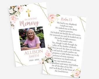 PRINTED + SHIPPED Christian Funeral Memorial Prayer Cards Photo Celebration of Life Bereavement Comfort Remembrance Sympathy Pink Blush