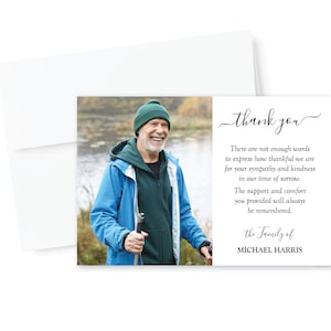 May include: Thank you card featuring a photo of a man wearing a blue jacket and a green hat. The card reads "Thank you" and "There are not enough words to express how thankful we are for your sympathy and kindness in our time of sorrow. The support and comfort you provided will always be remembered. The Family of MICHAEL HARRIS."