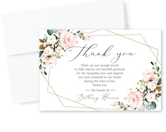 PRINTED + SHIPPED Personalized Funeral Thank You Cards & Envelopes Sympathy Acknowledgement Celebration of Life Pink Blush Floral Greenery
