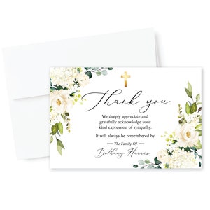 May include: White floral thank you card with a gold cross and the text "Thank you" and "We deeply appreciate and gratefully acknowledge your kind expression of sympathy. It will always be remembered by The Family Of Bethany Harris".