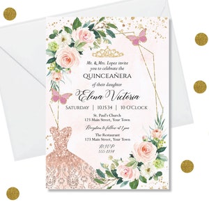 DIY bearbeitbare Quinceanera-Einladung, errötende rosa Blumen, Schmetterling, Mis Quince Anos, 15. Geburtstag,