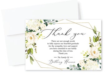 PRINTED + SHIPPED Personalized Funeral Thank You Cards & Envelopes Sympathy Acknowledgement Remembrance Celebration of Life White Floral