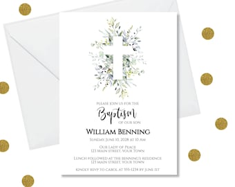Può includere: Carta bianca con un design floreale verde acquerellato e una croce bianca. Il testo recita: "Si prega di unirsi a noi per il Battesimo di nostro figlio William Benning Domenica 10 giugno 2028 alle 10:00 Nostra Signora della Pace 123 Main Street, Your Town Pranzo seguito alla residenza dei Benning 123 Main Street, Your Town Si prega di confermare la propria presenza a Carol al 555-1234 entro il 1° giugno"