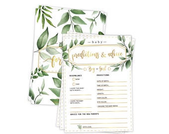 PRINTED + SHIPPED: 50 Baby Shower Predictions and Advice Cards, Eucalyptus Sage Greenery Gold Baby Shower Games and Activities