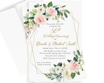 PRINTED + SHIPPED Anniversary Invitations and Envelopes, Blush Pale Pink Floral Invites with Greenery, 50th 25th 60th, Any Year Personalized