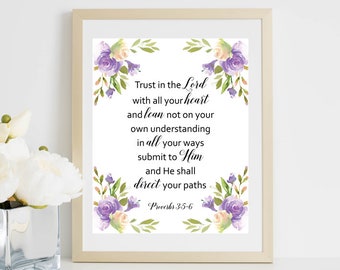 Spreuken 3:5-6 Bijbelvers afdrukken, bloemen schriftkunst aan de muur (digitale bestanden)