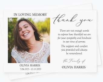 Personalized Funeral Thank You Cards, Remembrance, Sympathy, Photo Printed