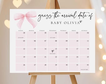 Printed + Shipped: Giant Due Date Calendar, Baby Shower Game, Personalized, Guess Birth Date, Arrival Prediction, Coquette Pink Bow Girl