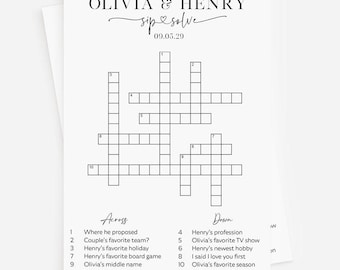 Personalized Wedding Crossword Puzzle, Minimalist Bridal Shower Game (Printed)
