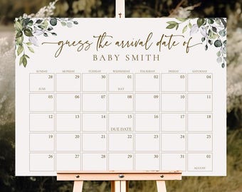 Eucalyptus Baby Shower Calendar: Guess Due Date Game, Printed