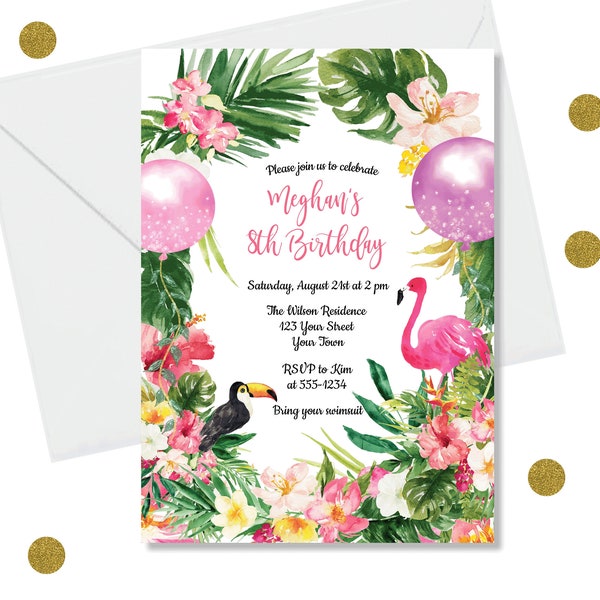 Editable Tropical Birthday Invitation – Watercolor Flamingo, Toucan (Digital Download)