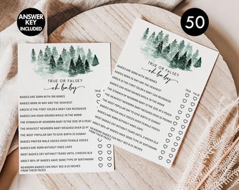 50 Adventure Awaits Baby Shower Trivia Game Cards: Forest Theme