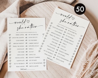 PRINTED + SHIPPED: 50 Would She Rather Fun Bridal Baby Shower Game Activity Gender Neutral Boy Girl Wedding Minimalist Heavy Card Stock B8