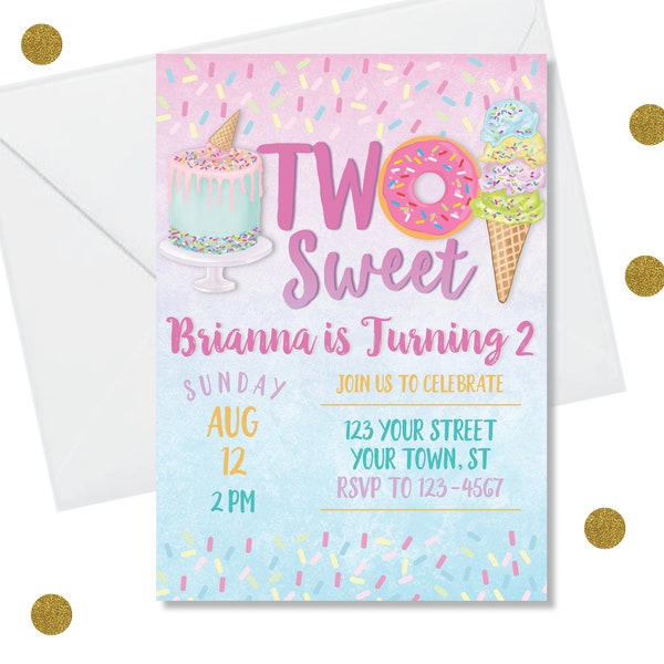 DIY Editable Two Sweet 2nd  Birthday Party Invitation Template - Second Birthday Ice Cream Cone Cake Donut Birthday Watercolor Invite