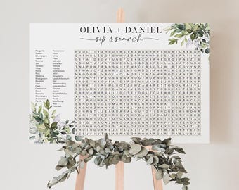 Personalized Wedding Word Search Puzzle: Greenery Sip and Search