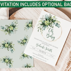 DIY Editable Oh Baby Greenery Baby Shower Invitation, Diaper Raffle and Books for Baby Insert Template Two-Sided Eucalyptus Gender Neutral image 2