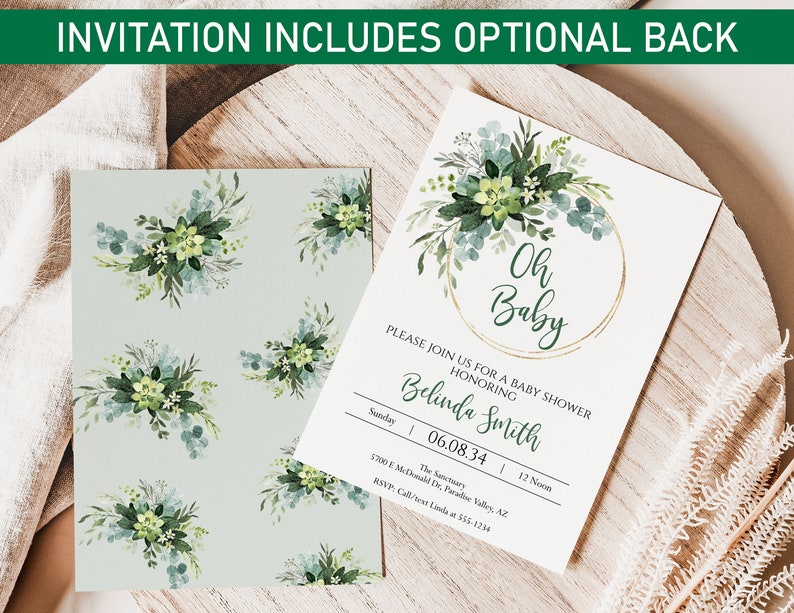 DIY Editable Oh Baby Greenery Baby Shower Invitation, Diaper Raffle and Books for Baby Insert Template Two-Sided Eucalyptus Gender Neutral image 2