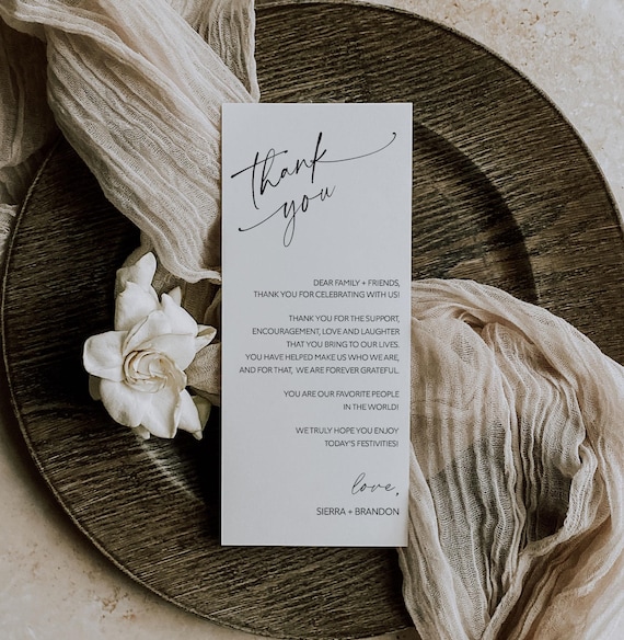 Printed Personalized Thank You Place Setting, Wedding Thank You Card, Wedding Thank You Note, Table Thank You Card Minimalist Calligraphy B8